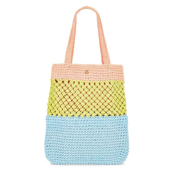 RARE Lele Sadoughi Pastel Colors Crochet Summer Vacation Tote Gold Logo - Picture 2 of 11